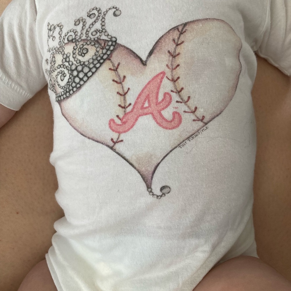 White Baby Onesie with Atlanta Braves Heart and Crown Design